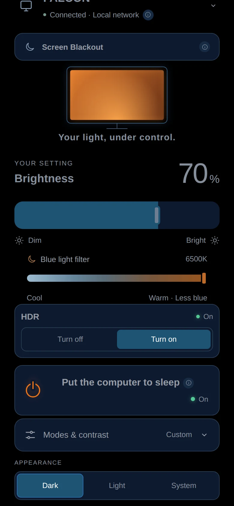 MoyMote phone panel in dark appearance: monitor connected over the local network, brightness, blue light filter and HDR controls