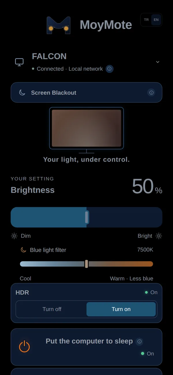 MoyMote phone panel in dark appearance, brightness at 50%