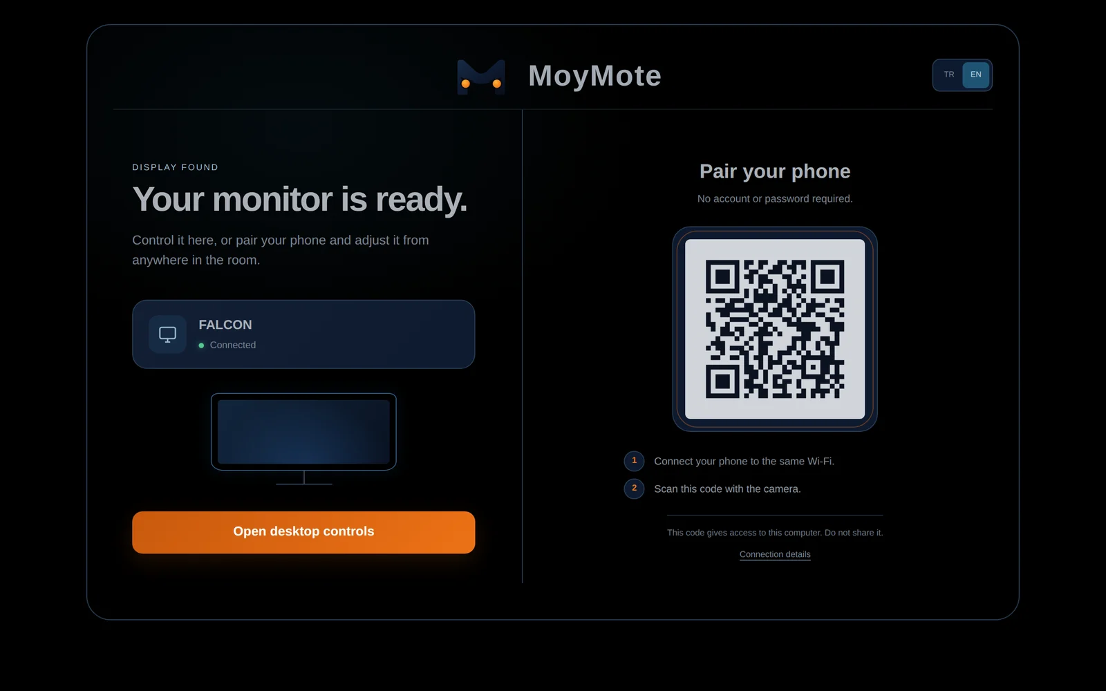 MoyMote pairing screen on the PC with a QR code