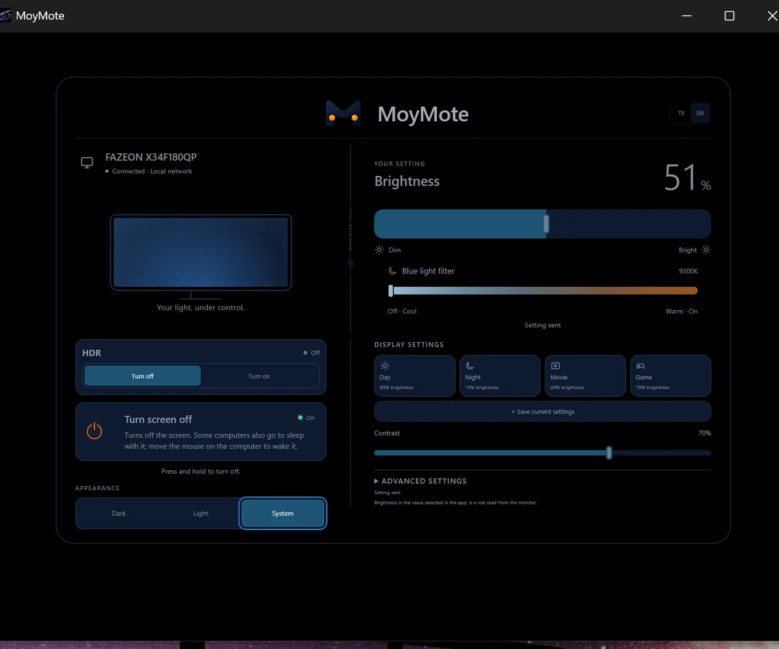 MoyMote masaüstü uygulaması: bir FAZEON X34F180QP monitör için parlaklık, mavi ışık filtresi ve ekran modu kontrolleri