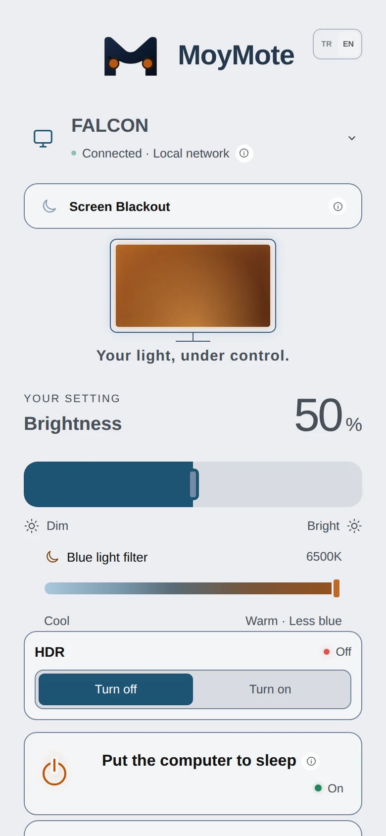 MoyMote phone panel in light appearance